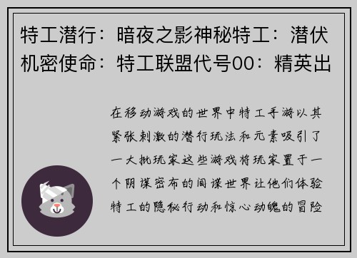 特工潜行：暗夜之影神秘特工：潜伏机密使命：特工联盟代号00：精英出动幽灵行者：夜色幽灵